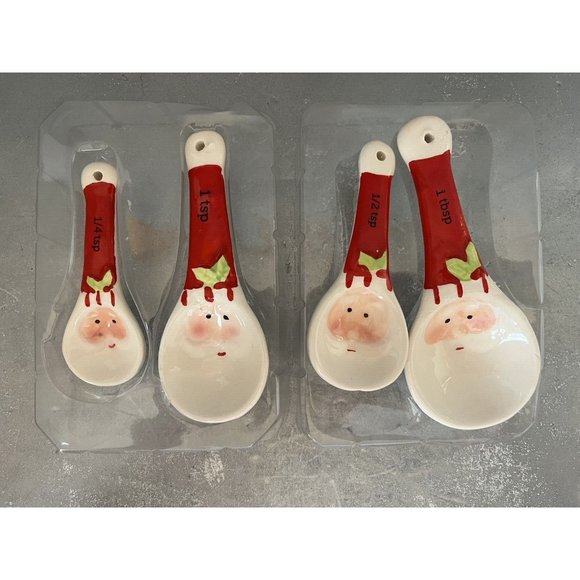 Santa Claus Ceramic Measuring‎ Spoon Set Red/White Christmas Holiday Baking - Picture 1 of 3